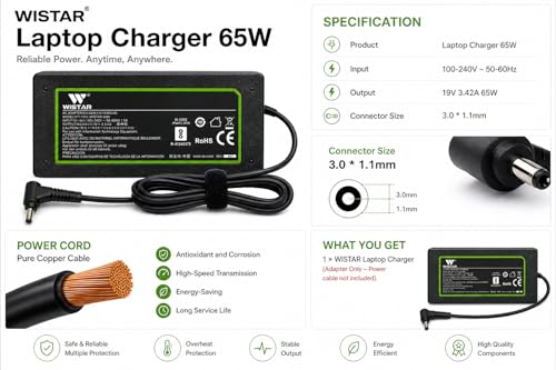 Image of WISTAR 19V 3.42A 65W Laptop Charger for Acer N15Q8 N15Q9 N16P1 N20C5 Chromebook CB3 CB5 C738T C740 C720 C720p Aspire 1 Aspire 5 A515-54, A13-045N2A PA-1450-26 AC Adapter (3.0mm x 1.1mm Plug)