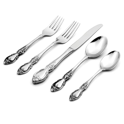 Oneida Silverware Set For 4, Louisiana 20-Piece Fine Flatware Set, Service For 4, 18/8 Stainless Steel, Silver, Mirror Finish, Knives Spoons and Forks, Dishwasher Safe, Tableware (Silver, 20 Pieces)