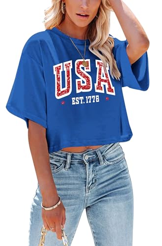 Red White and Blue Shirts for Women Patriotic Shirts Cute American Flag Shirt USA Crop Shirts 4th of July Short Sleeve Tops