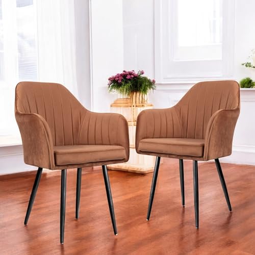 Image of Set of 2 Accent Chair for Living Room | Modern Armchair in Soft Velvet Fabric with Sturdy Legs | Premium Chair for Home Living Room Bedroom Restaurent | (Black Legs, Light Brown)