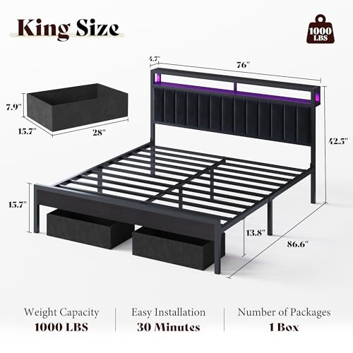 Image of AMERLIFE King Bed Frame with LED Lights & 2-Tier Storage Headboard | Black, 2 Storage Drawers, Metal Platform Frame, Velvet Upholstery, Heavy-Duty Slats, No Box Spring, Easy Assembly