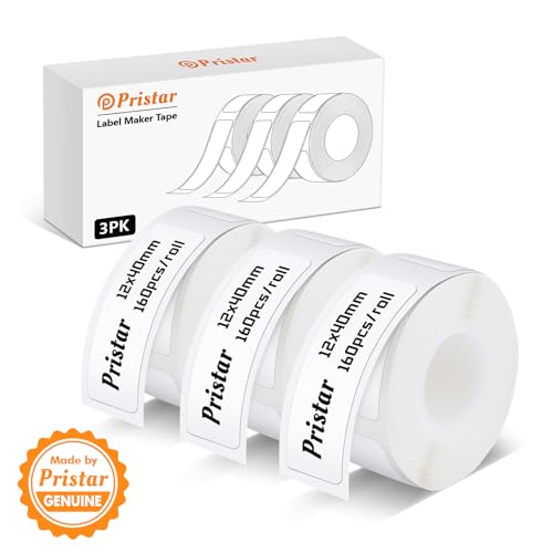 Pristar P15 Labels, 3 Rollen 12 mm * 40 mm Selbstklebendes Thermoband Etiketten, Kompatibel mit P15 Etikettendrucker, Geeignet für Zuhause, Büro, Schule, Lagerorganisation, Weiß, 160 Etiketten/Rolle