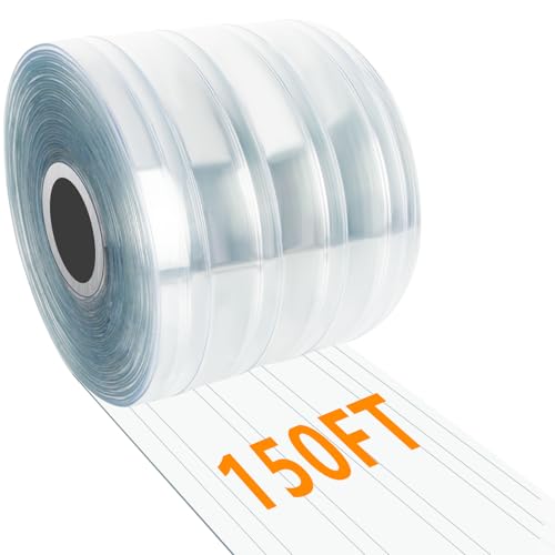 Image of Plastic Strip Door Curtain Roll 150' Length x 8 inch Width x 0.08 inch Thickness Clear Ribbed PVC Curtain Strip Plastic Door Strips for Doorway of Supermarket Garage Warehouse Barn Pet Animal House
