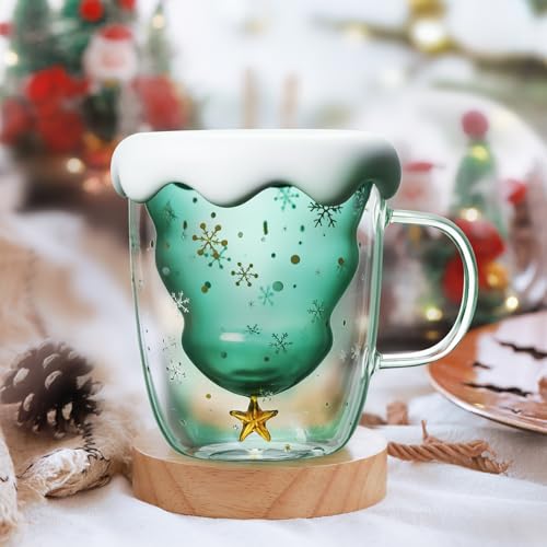 SUPRROW Tasse de Noël, verres à double paroi, tasse à café de Noël, tasse à lait en verre avec couvercle, tasses à café résistantes à la chaleur, cadeaux de Noël pour femmes, hommes, enfants