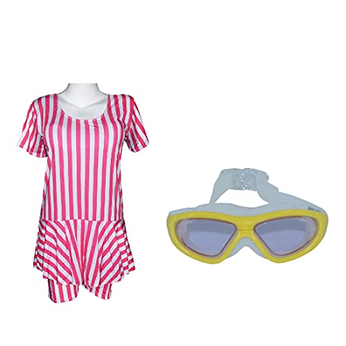 Image of I-SWIM LADIES COSTUME IS-104 WHITE /PINK LINES SIZE 3XL WITH GOGGLES SILICONE IS-SG LARGE WITH BOX GREY