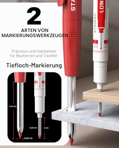 STAGEEK Tischler Bleistifte Set,Bleistift Baustelle,Tieflochmarker,2 Zimmermannsbleistifte mit 2Markierstift [inkl.24Minen],anreißwerkzeug,mechanische Tischlerbleistifte,Holzbearbeitungs,Lochmarkierer
