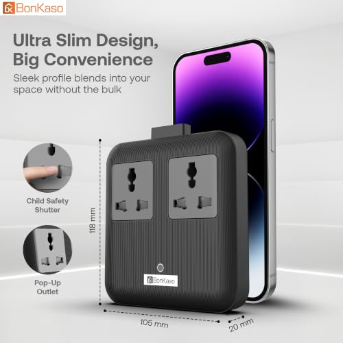 Image of BonKaso Nano 6-in-1 67W GaN Fast Charging Station with 2 AC Outlets, 2 USB-C & 2 USB-A Ports | Ultra Slim Portable Power Hub | Multi-Layer Protection | 330g | 11.8x10.5x2 CM (Black)