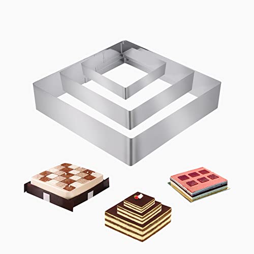 Moule Carré 3 Pcs,RUNEAY Moule Pâtisserie en Acier Inoxydable Diamètre 10/15/20 cm Hauteur 4,5 cm Pour Pâtisseries Gâteaux Moussés