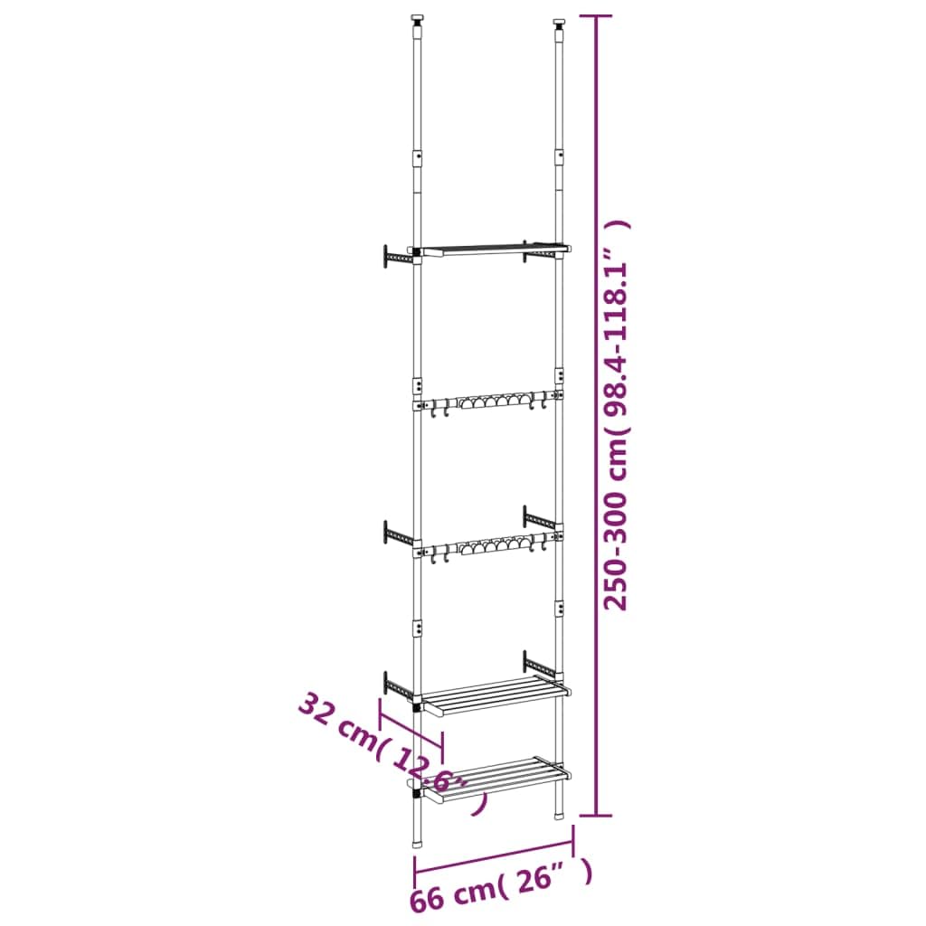Teleskopowy regał ogrodowy z 3 półkami, srebrny, aluminium, regulacja wysokości 250-300 cm, montaż ścienny, stabilna rama do wózka warsztatowego, uchwyt na narzędzia i organizer do