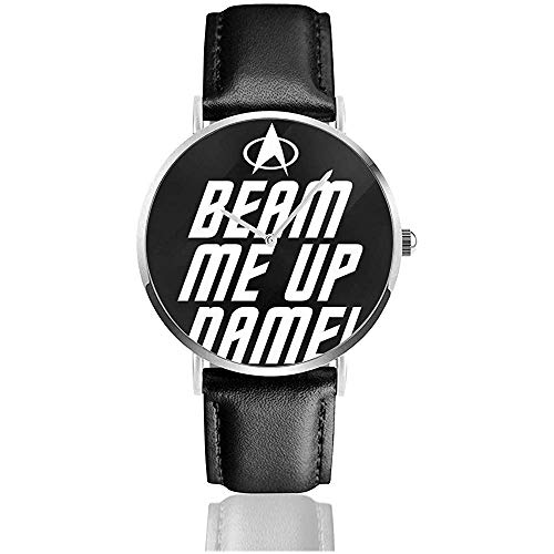 Unisex personalisierte Beam Me Up Scotty Star Trek Uhren Quarzlederuhr mit schwarzem Lederband