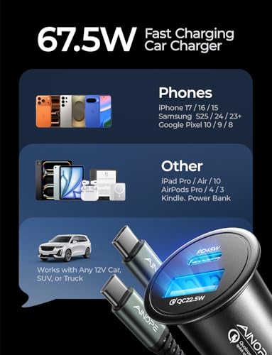 AINOPE 67.5W Car Charger USB C Fast Charge for iPhone 17 Pro Max, PD 45W USB C Car Charger Fast Charging【Mini & Metal】 Valentines Day Gifts Cigarette Lighter Adapter for Samsung Galaxy S26 Ultra/S25 - Image 6