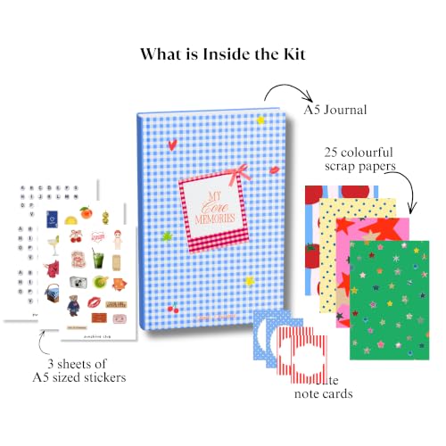 Image of Sunshine Club Aesthetic Junk Journaling & Scrapbook Kit | A5 Premium Notebook | 3 Playful Sticker Sheets | 25 Colourful Scrap Paper Sheets | 4 Note Cards | Perfect for Gifting (Blue)