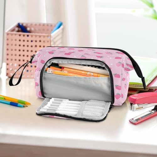 Image of Portable Pencil Case Pen Bag with Zipper, Pink Strawberry Polka Dot Large Pencil Pouch Pen Case Stationery Bag for Office School Student, Multifunctional Pen Box for Girl Boy Men Women