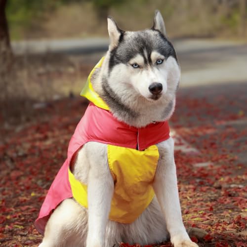 Image of Waterproof Dog Raincoat with Hood | Double Coloured Red-Yellow | Adjustable Velcro | Extra Coverage | Easy to Carry Pouch | for Small, Medium and Large Breed Dogs