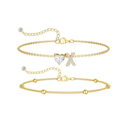 Image of Gold Initial Ankle Bracelets for Women, 14K Gold Plated Dainty Love Heart CZ Trendy Layered Letter A-Z Waterproof Anklets Fashion Jewelry Gift for Women