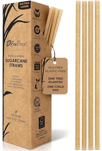 EcoPreps 10 Biodegradable Sugarcane Straws Extra-Long Straw | 100 Count 100% Compostable Plastic-Free Eco-Friendly Drinking Straw | Sugar Fiber Party Jumbo Disposable Straws 10 Inches Tall