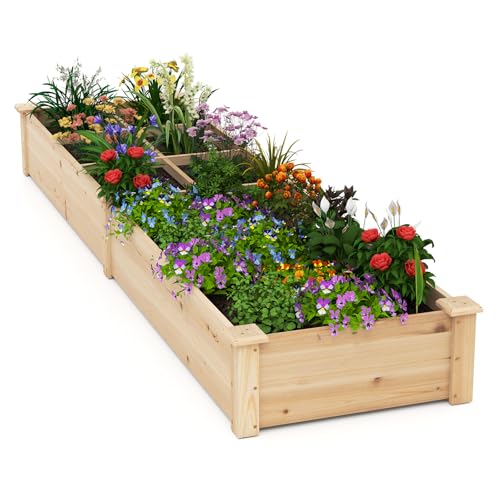 Giantex Wooden Raised Garden Bed with 2 Planter Boxes & Dividers, 90'x25'x10' Raised Bed for Flowers Vegetables Fruits Herbs Gardening Planting, Outdoor Garden Box for Patio Backyard Lawn (1)
