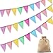 Dusor Wimpelkette Outdoor, 3 Stück Wimpelkette Kinderzimmer + Jutesäckchen Wetterfest, Matschküche Spielturm Zubehör, Happy Birthday Girlande Geburtstag, für Party Deko, Einschulung Deko