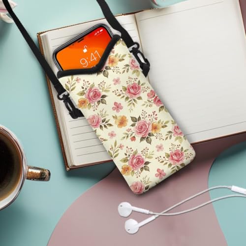 Image of Small Crossbody Bag for Women Waterproof Cell Phone Case Neoprene Mobile Phone Protection Bag Mini Satchel for Travel, Beach, Casual, Rose Floral Beige