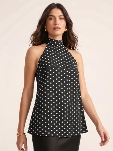 Image of Selvia Crepe Polka Dots Printed Halter Neck Black Top for Women, Tops for Women Western, Top for Women Stylish