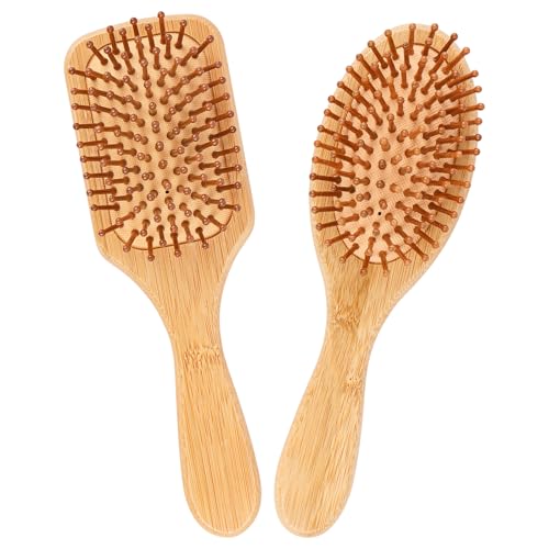 AKONE Haarbürste Bambus 2 Stück, Naturhaarbürste Holz, Haarbürsten mit Rundem Kopf und Bambuszähnen, Haarkamm mit Luftpolster Keine Haarschäden, Tragbare Haar Massagebürste Rund und Quadrat