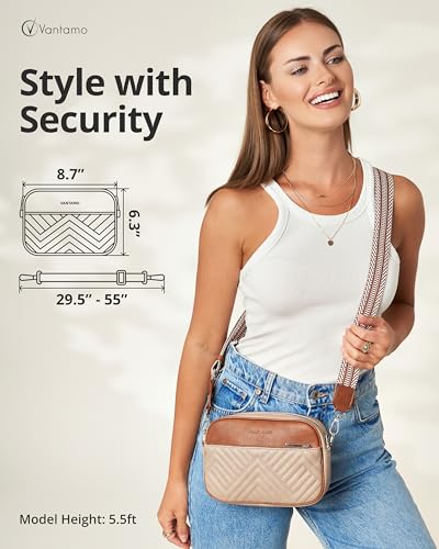 Vantamo Crossbody Bags For Women with 29.5"-55" Jacquard Adjustable Strap, Extra Safe Purses for Women, RFID & Anti-Pickpocket Clip, Smooth PU Leather Shoulder Bag with Gift Box, Stone Brown Purse2