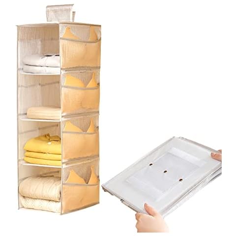 Fabric Hanging Shelf, Wardrobe, Hanging Storage Wardrobe with 12 Mesh Side Pockets, 4 Compartments, Foldable Hanging Shelves, for Clothes, Socks and Underwear, 22 x 30 x 84 cm, White Cover
