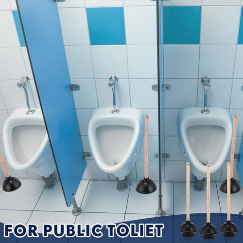 Dandat 6 Pcs Rubber Toilet Plunger with Double Thrust Force Suction Cup Long Wooden Handle Toilet Bowl Plunger Heavy Duty Pump Clogged Solution for Bathroom Stores Restaurants, Black