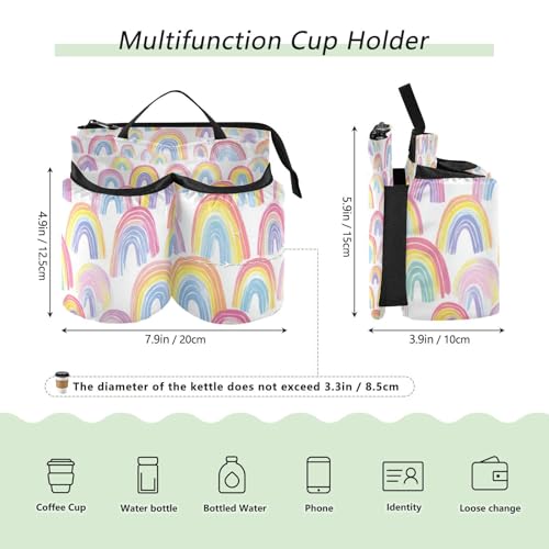 Image of Luggage Cup Holder for Suitcases Free Hands Suitcase Cup Holder Travel Luggage Drink Holder Portable Luggage Cup Caddy Bag Carrier with Handle Gradient Cute Rainbows