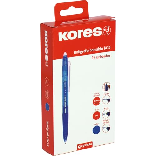 Kores - Embalagem de 12 canetas apagáveis azuis BG5, tinta de gel, ponta de 0,7 mm, atraente, aderência ergonómica, sem mancha, não danifica papel, não deixa resíduos de borracha, material escolar e