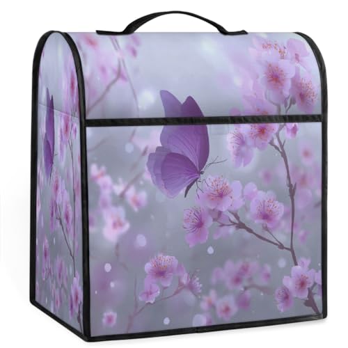 Mexpekil Funda para batidora de pie con diseño de mariposas moradas y flores rosadas, 5-8 cuartos de galón, cubiertas antipolvo para electrodomésticos de cocina con asa superior y bolsillos