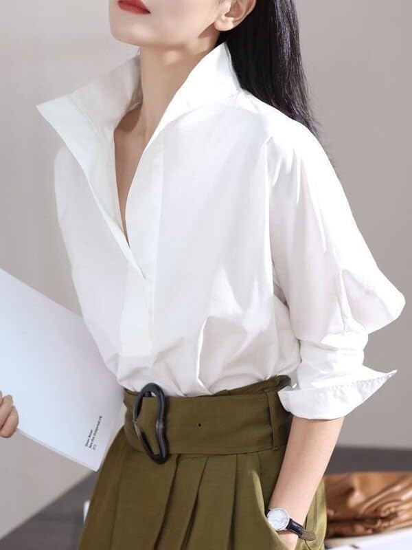 UOOZEE Women Button Shirts Office Drop Shoulder Oversized Blouse Roll up Half Sleeve Boyfriend Dress Shirt - Image 2