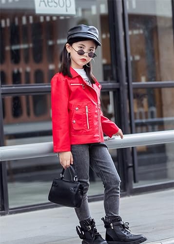 Boys Girls Trendy Stand Collar PU Leather Moto Jacket Leather Top Coat 3-12Years3