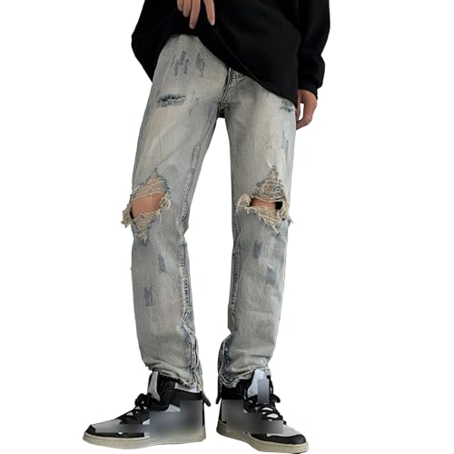 Men's Baggy Ripped Distressed Jean Straight Leg Distressed Comfort Flex Waist Pants Regular Zipper Jeans for Men (Blue,Small)