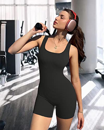 Hopyop Womens Rompers Workout Ribbed Square Neck Sleeveless Sport Black Romper For Women #TOP5