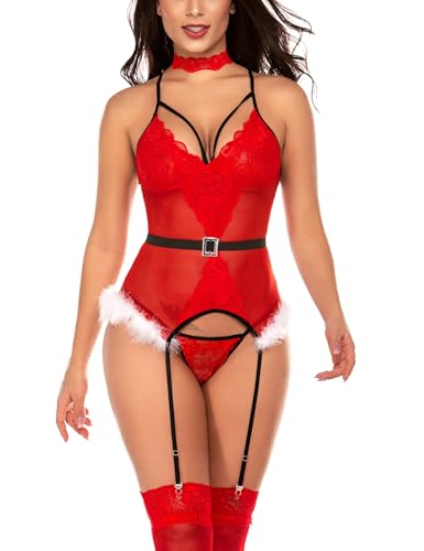 Avidlove Weihnachtskostüm Damen Body Sexy Weihnachten Dessous Spitze V-Ausschnitt Unterwäsche Christmas Bodysuit Reizwäsche Teddy Negligee Santa...