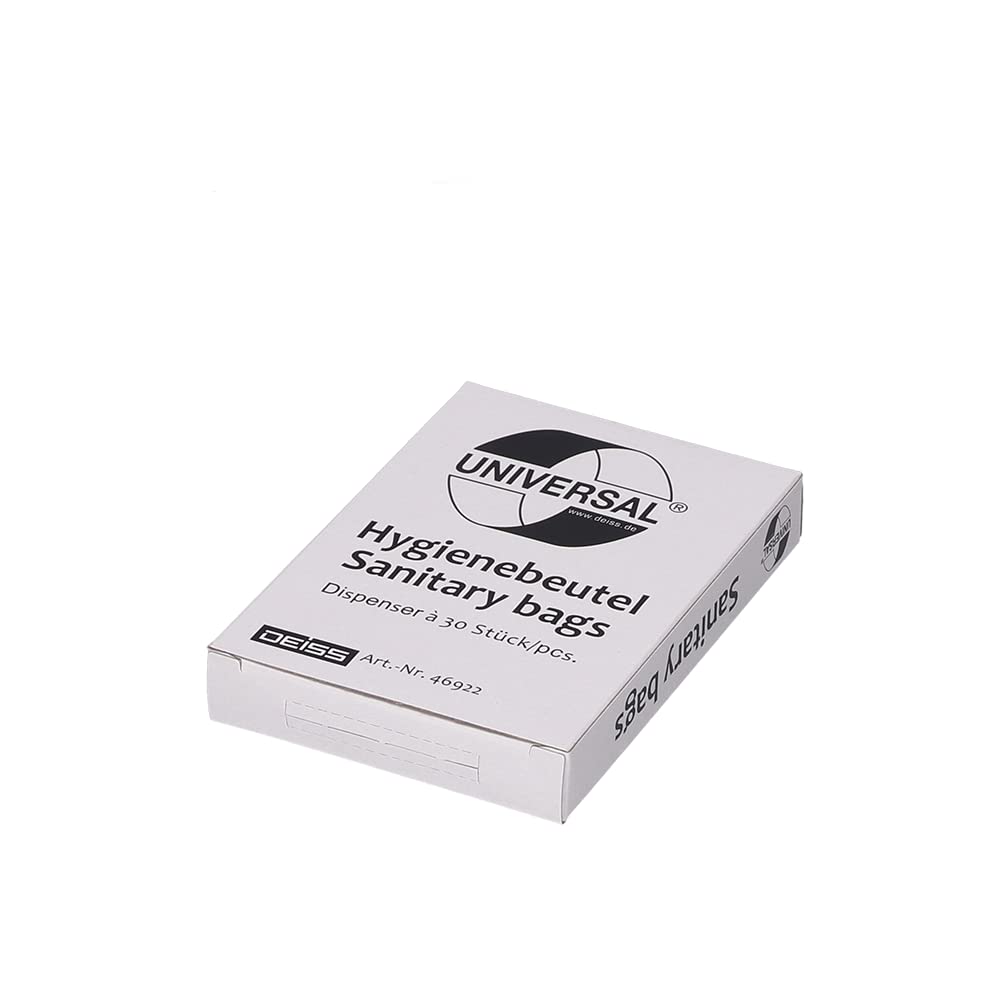 Hygienebeutel Deiss Universal, weiß, 25x30bags (750 Stück) & Tork Distributeur de sachets pour serviettes hygiéniques blanc B5, Elevation, 1 pièce, 14 x 3.6 x 10 cm, 566000