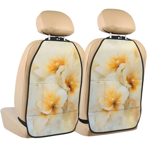 Yellow Flowers On Cream Romantic Car Seat Back Kick Protectors,2 Pack Kick Mats With Storage Pockets For Vehicles To Protect From Dirt Mud Scratches