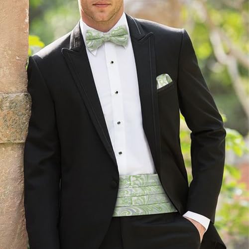 Image of Barry.Wang Men Silk Paisley Cummerbund and Pre-tied Bowtie Handkerchief Cufflink Set for Tuxedo