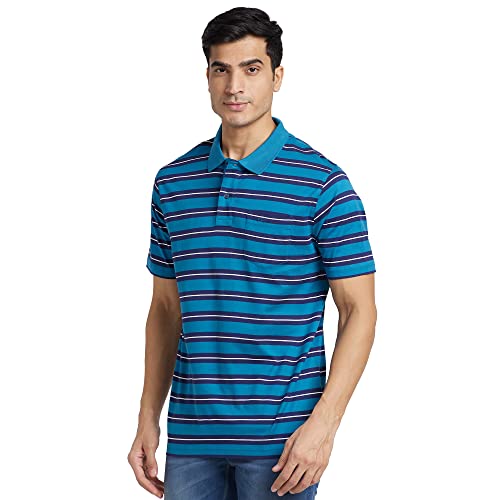 Image of Colorplus Men's Pure Cotton Stripe Pattern Classic Fit Polo Neck Half Sleeve Casual T-Shirt