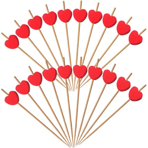 YOOHUA 250PCS Red Love Heart Cocktail Picks, 4.7 Inch Long Bamboo Fancy Toothpicks for Appetizers, Decorative Bridal Wedding Valentines Party Food Drinks Garnish Fruit Skewer Sticks