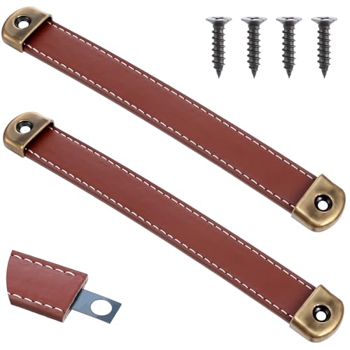 JJUNW 2 tiradores de cuero de 7.08 pulgadas con tornillos de montaje, manija de equipaje, manija de repuesto para cajón de gabinete vintage (marrón)