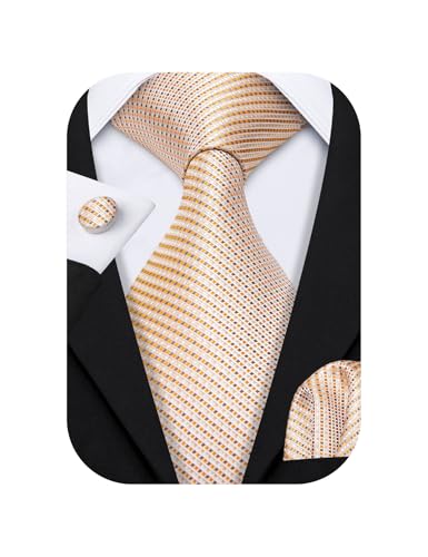 Image of Barry.Wang Tie Sets for Men Silk Stripe Necktie Woven Checkered Handkerchief Cufflinks Formal Business Wedding