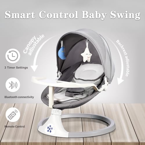 Zxyculture Electric Baby Swing for Infants to Toddler, Portable Babies Swinger for Newborn with 5 Swing Speed, Remote Control, Bluetooth Music Speaker with Five-point Safety Belt and 2 Toys (Gray) - Image 6