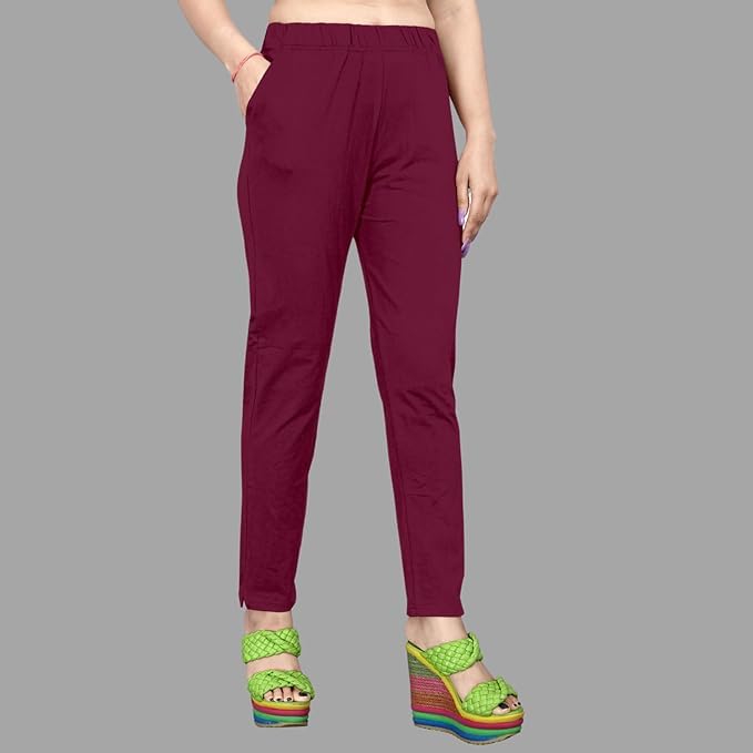 Image of Women's Solid Cotton Lycra Pants-High Waist Slim Fit Stretchable Leggings - Comfortable Long Trousers for Casual, Office & Everyday Wear