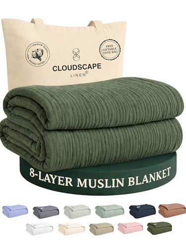 CLOUDSCAPE 8 Layer Muslin Blankets for Adults, King, 92"x108" - Olive Green