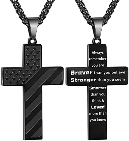DuoDiner Black Cross Necklace for Boys Men Pendant Chain Stainless Steel American Flag Always Remember Religious Jewelry Gift Christmas