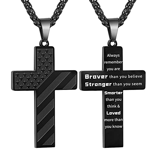 Duodiner Black Cross Necklace For Boys Men Pendant Chain Stainless Steel American Flag Always Remember Religious Jewelry Gift Christmas #TOP11