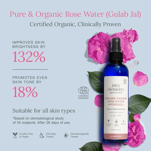 Image of Juicy Chemistry Organic Rose Water (Hydrosol), 200 ml | Face Toner for Glowing, Brighter and Hydrated Skin | Made with Bulgarian Damask Roses - Clinically Tested