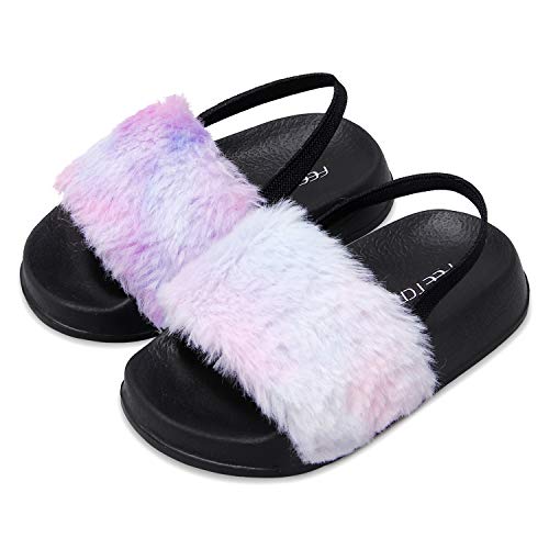 Feetcity kids girls faux fur slide with elastic back strap flats …